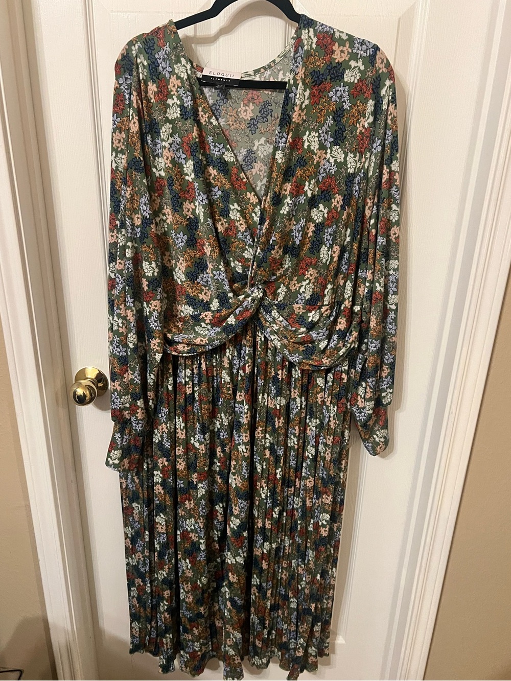 Eloquii Olive Green Floral Twist-Front Long Sleeve Midi Dress